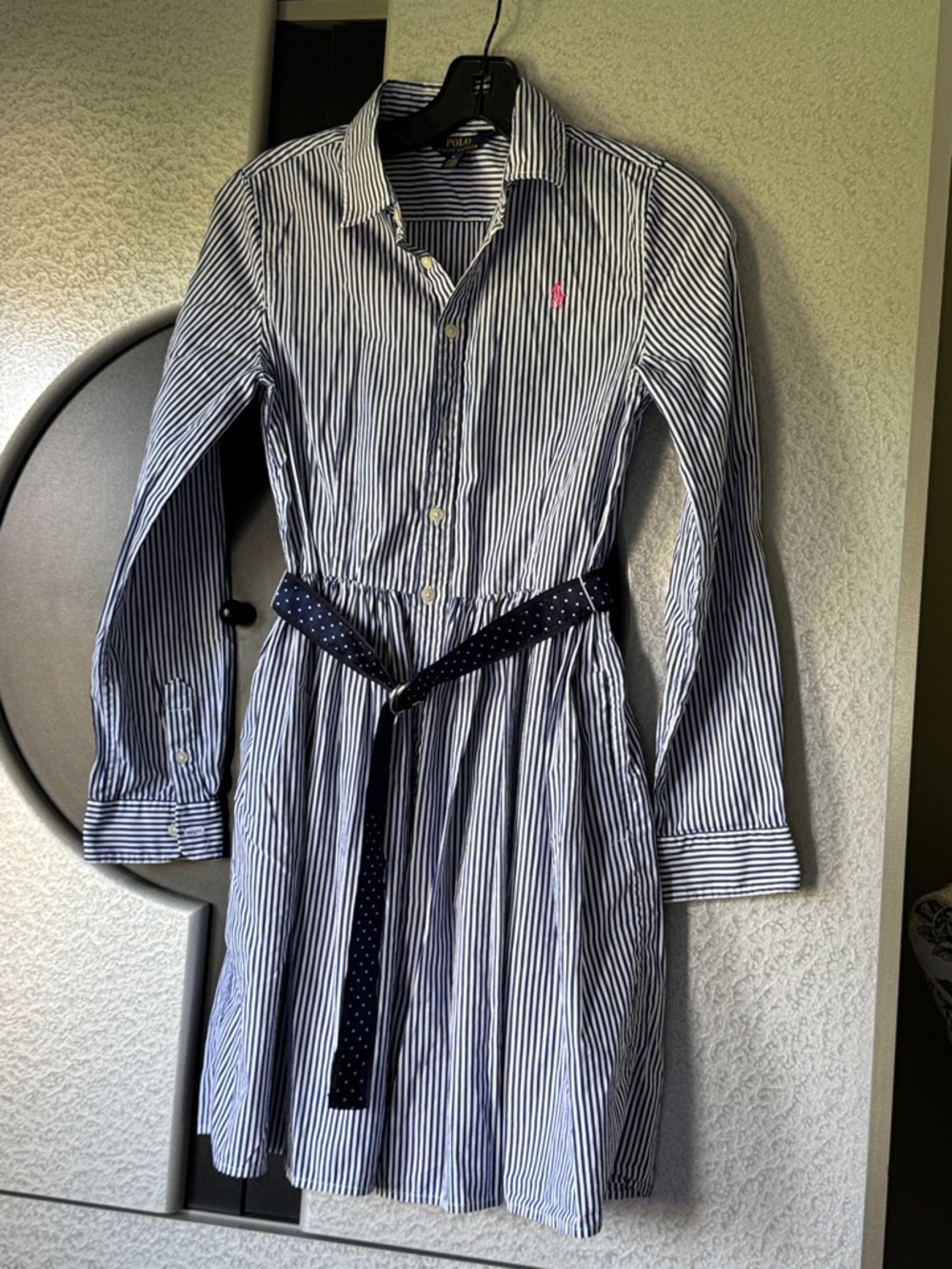 Polo Ralph Lauren Navy and White Striped Shirt Dress with Navy Polka Dot Belt